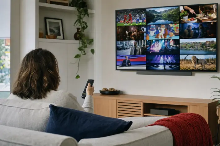 Browsing the IPTV UK channel list on a large TV at home