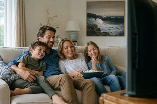 Family watching a film together on IPTV at home
