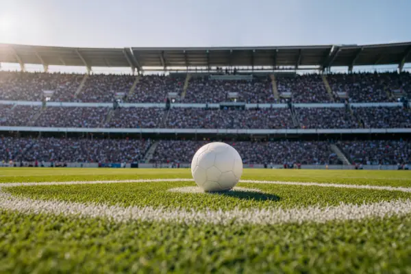 Football on the centre spot before kick-off in a packed stadium