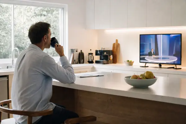 Man watching live news on IPTV in his kitchen