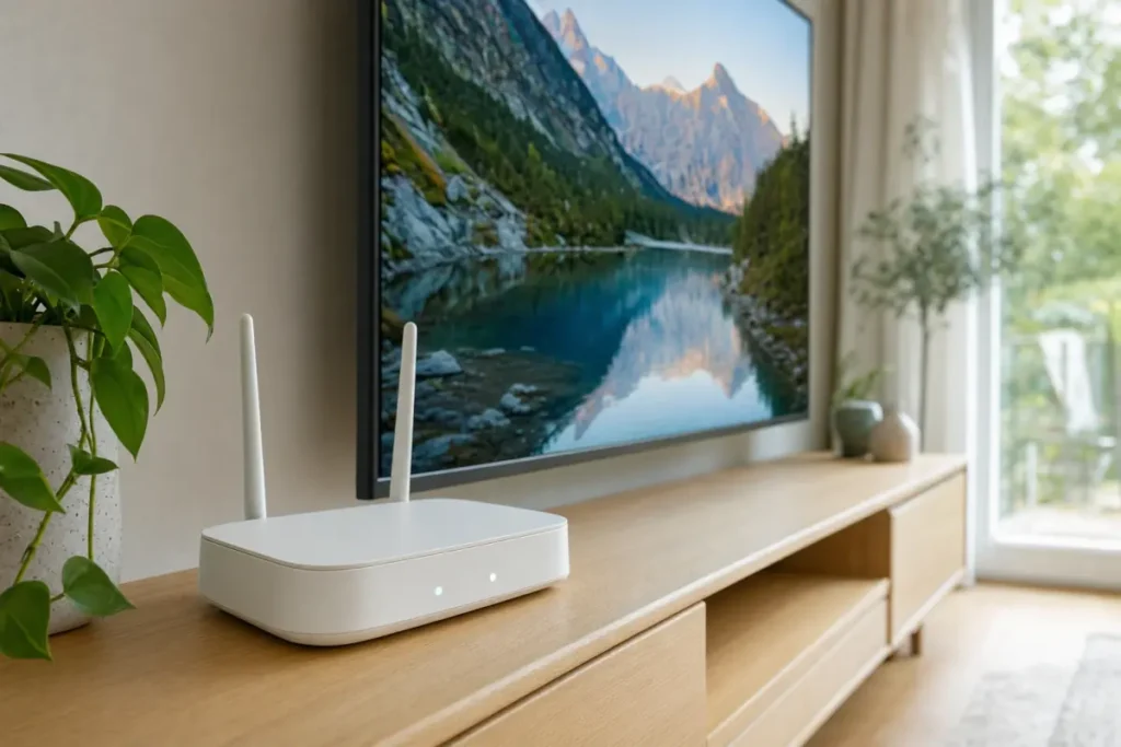 Wifi router next to a 4K TV showing the internet speed needed for IPTV