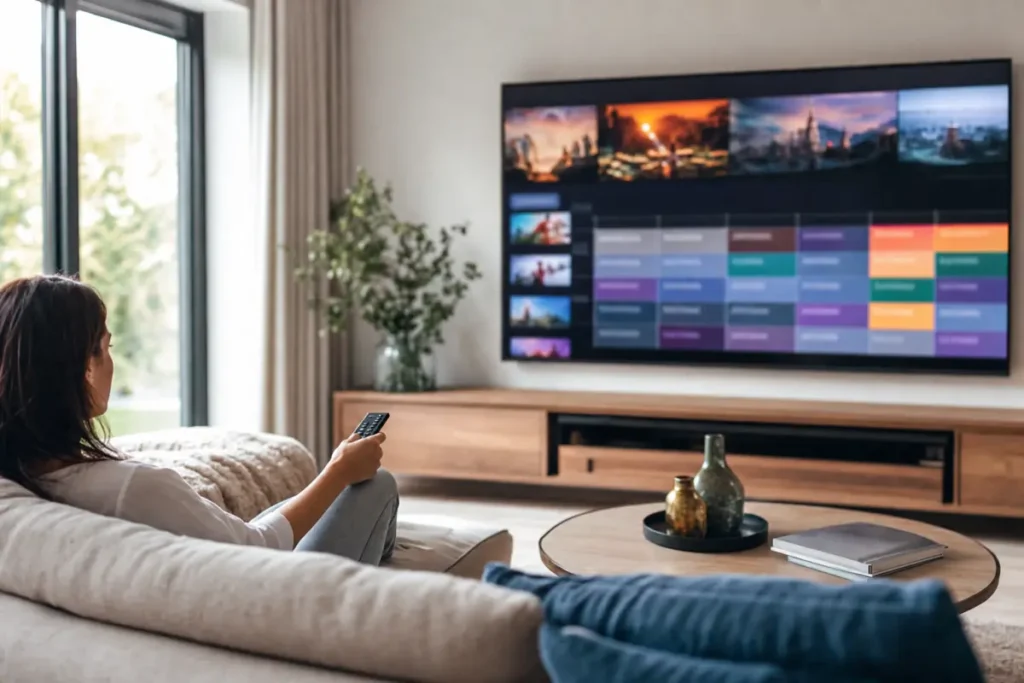 TV showing an IPTV player app with a TV guide in a bright living room