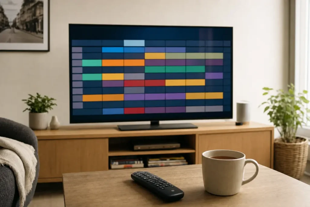 TV showing an IPTV EPG TV guide grid in a bright living room