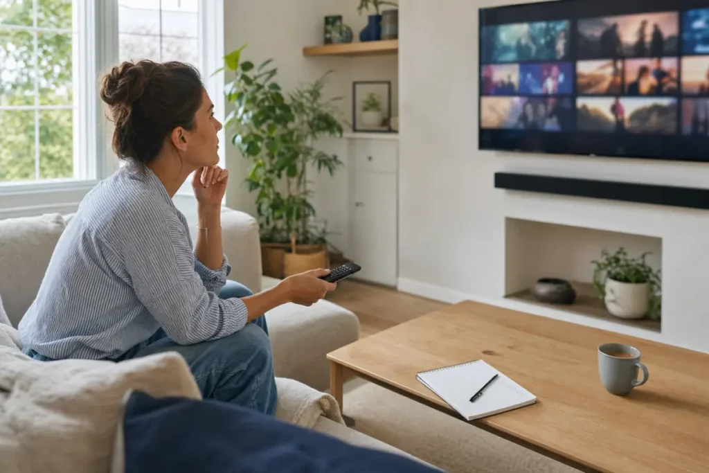 Woman choosing an IPTV provider in a bright living room with a checklist on the coffee table