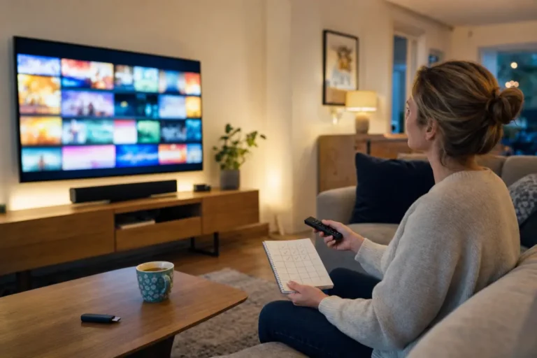 Woman scoring an IPTV service with a notepad in front of a TV in a bright living room
