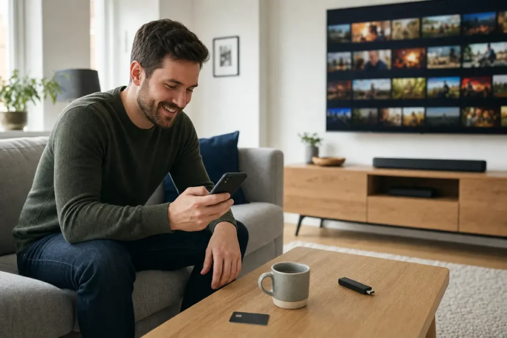 Man buying an IPTV subscription on his phone in a bright living room