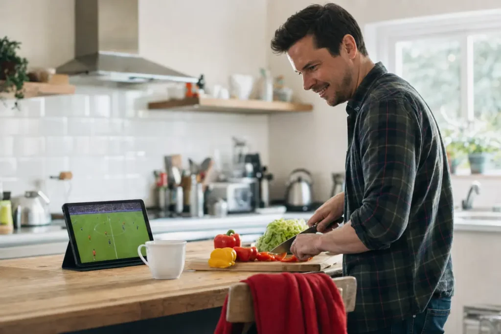 Man watching live football on a tablet in a bright kitchen while cooking
