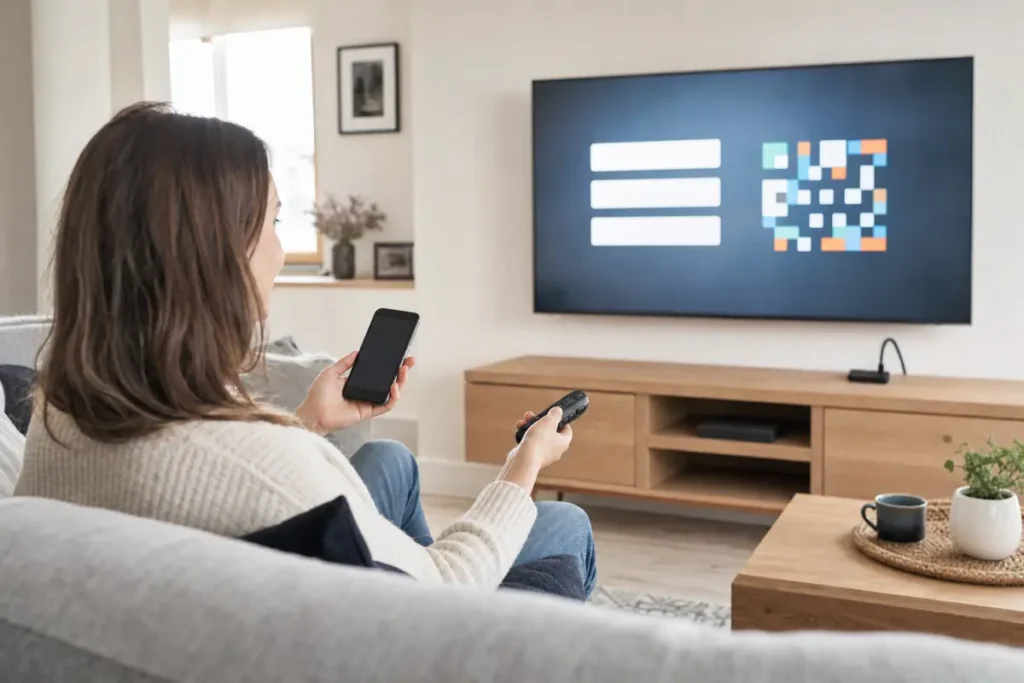 Woman setting up an IPTV app on her TV using her phone in a bright living room
