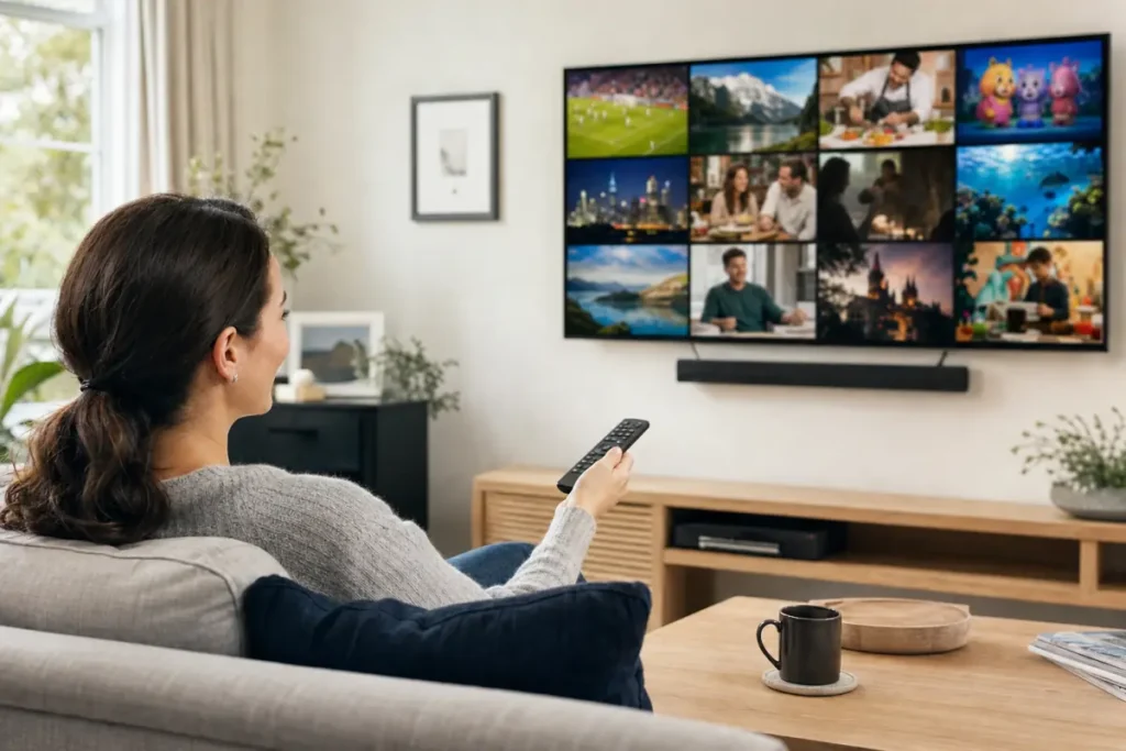 Woman browsing a grid of live TV channels on a large TV in a bright living room