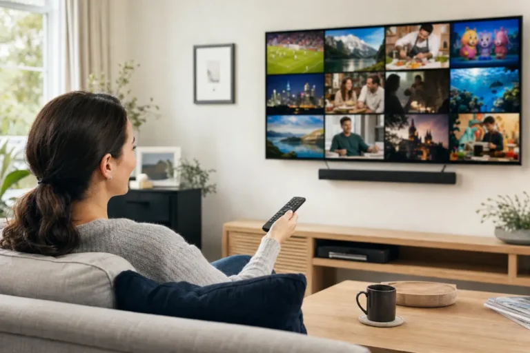 Woman browsing a grid of live TV channels on a large TV in a bright living room