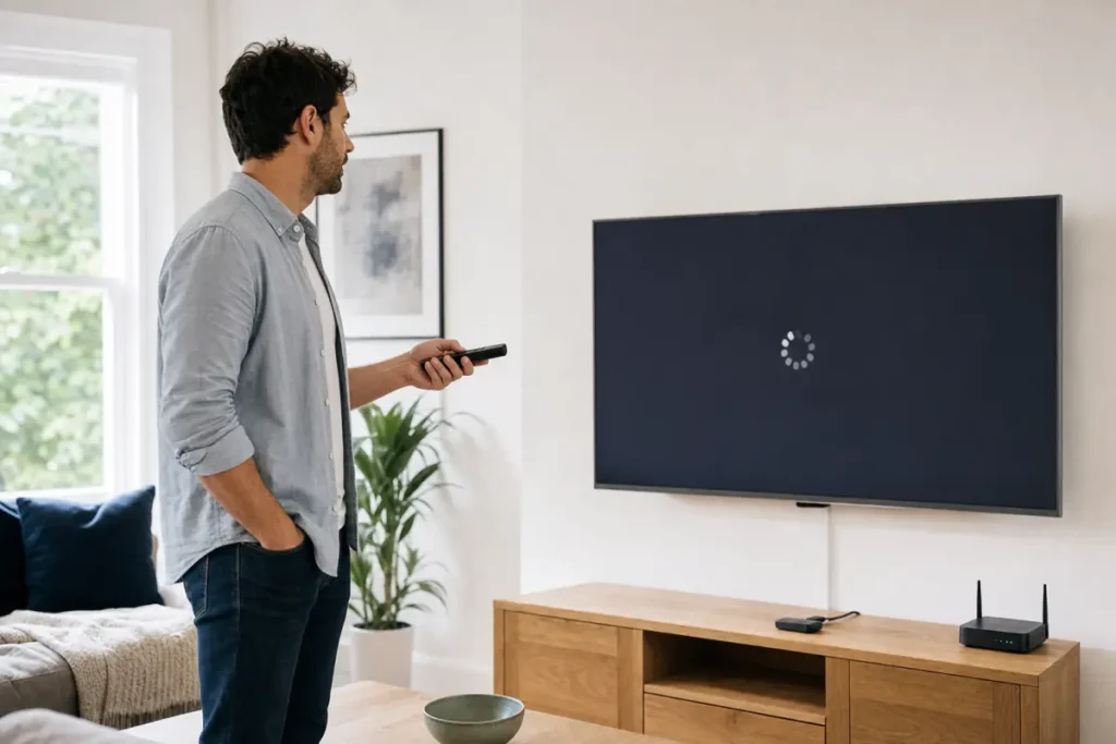 Man holding a remote in front of a TV showing a loading screen in a bright living room