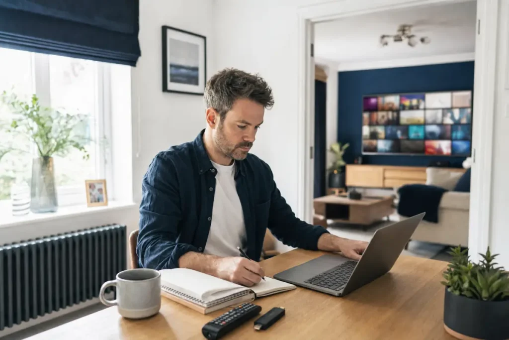 Man comparing IPTV subscription options on a laptop with a streaming stick and remote on the desk