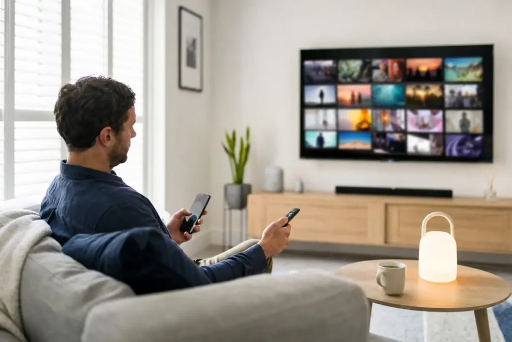Man relaxing on a sofa with a phone and remote in front of a TV in a bright living room