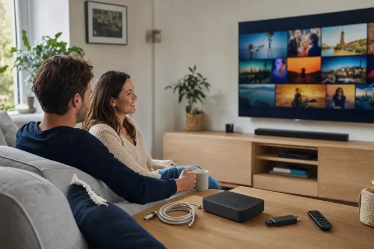 Couple relaxing in a bright living room with an old set-top box unplugged and a streaming stick ready