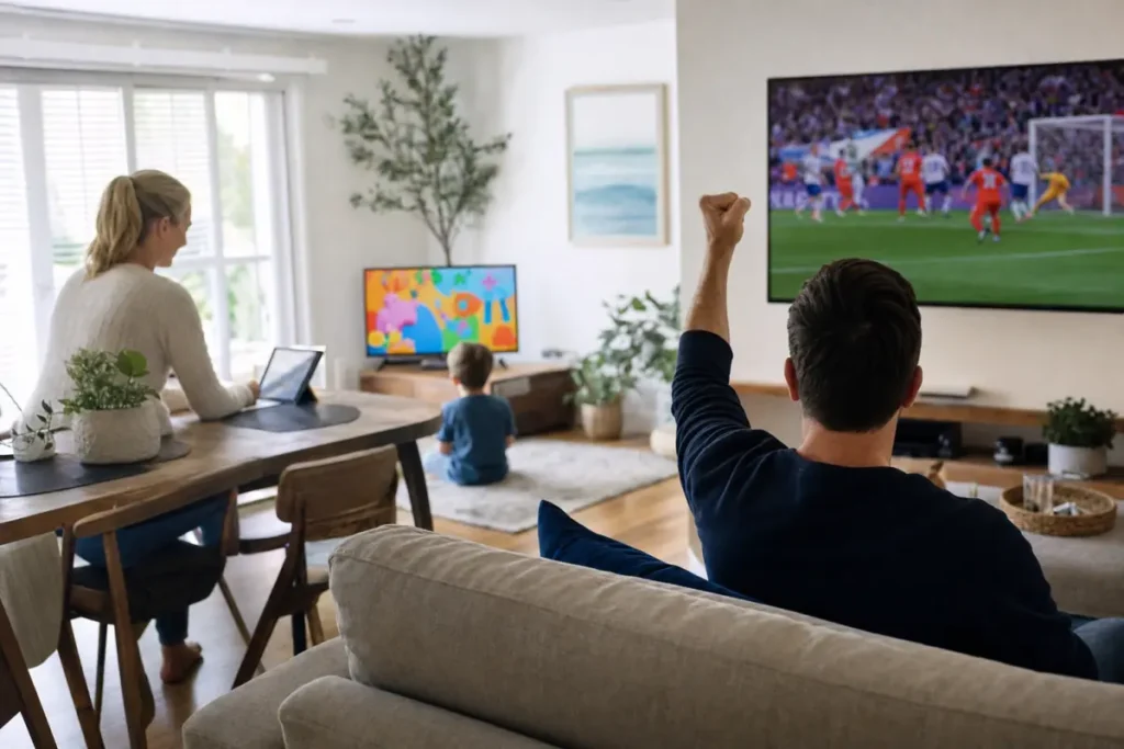 Family watching football, a tablet and cartoons on different screens in a bright living room